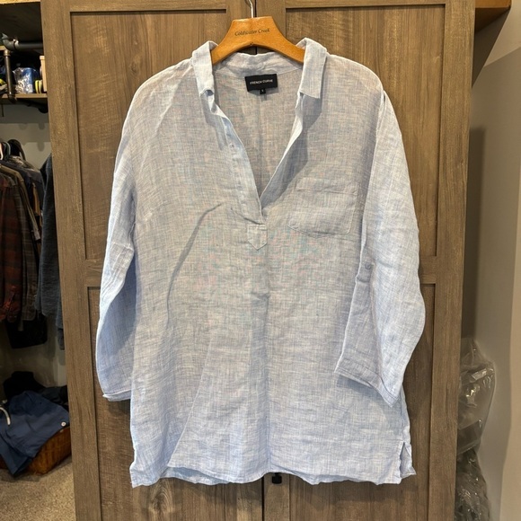 french curve Dresses & Skirts - French Curve Linen shirt dress Small Tunic Cover up Blue Long Roll Tab Sleeves